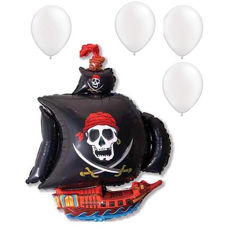 LOONBALLOON Pirates Balloons, 41 inch PIRATE SHIP - BLACK, 4 Pearl White Latex Set LOON-LAB-LAB274-FM
